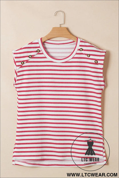 Red stripe textured knit button detail short sleeve casual tee - tops & tees