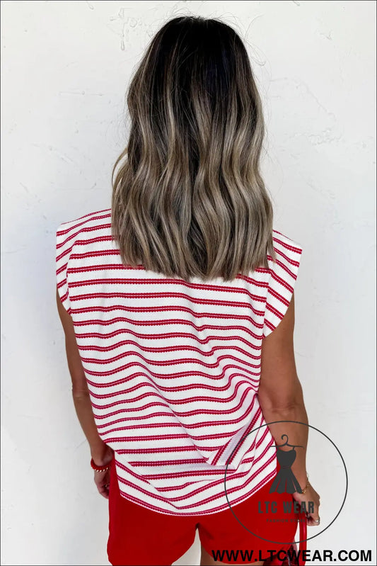 Red stripe textured knit button detail short sleeve casual tee - tops & tees