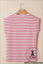 Red stripe textured knit button detail short sleeve casual tee - tops & tees