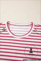 Red stripe textured knit button detail short sleeve casual tee - tops & tees
