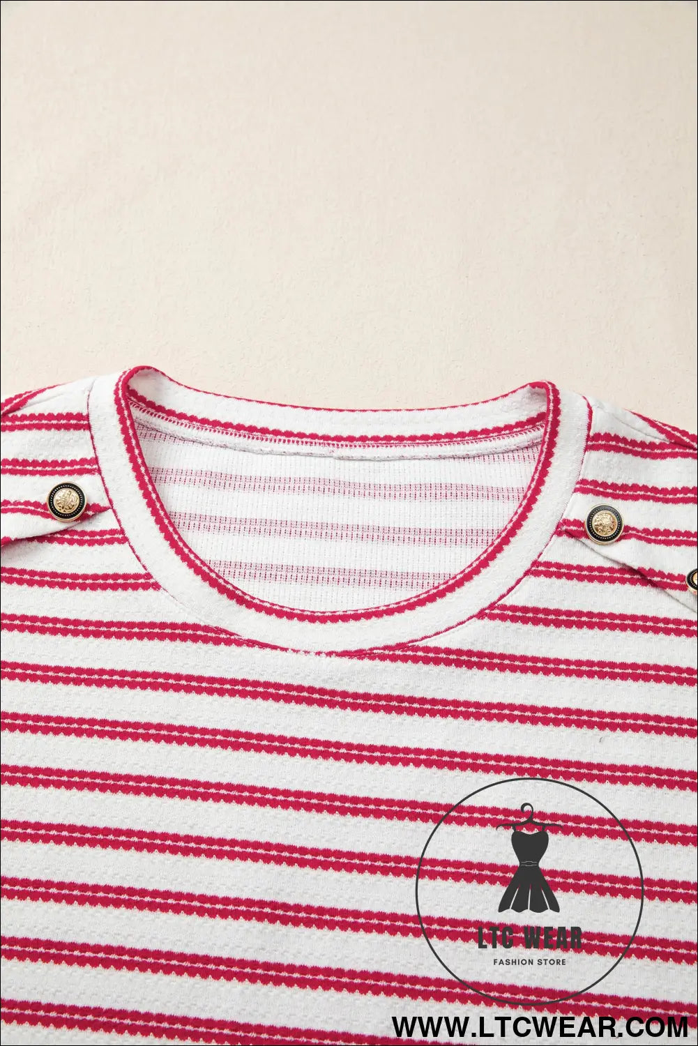 Red stripe textured knit button detail short sleeve casual tee - tops & tees