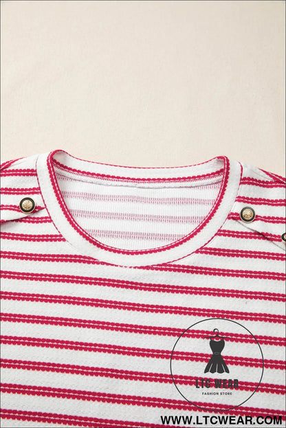Red stripe textured knit button detail short sleeve casual tee - tops & tees