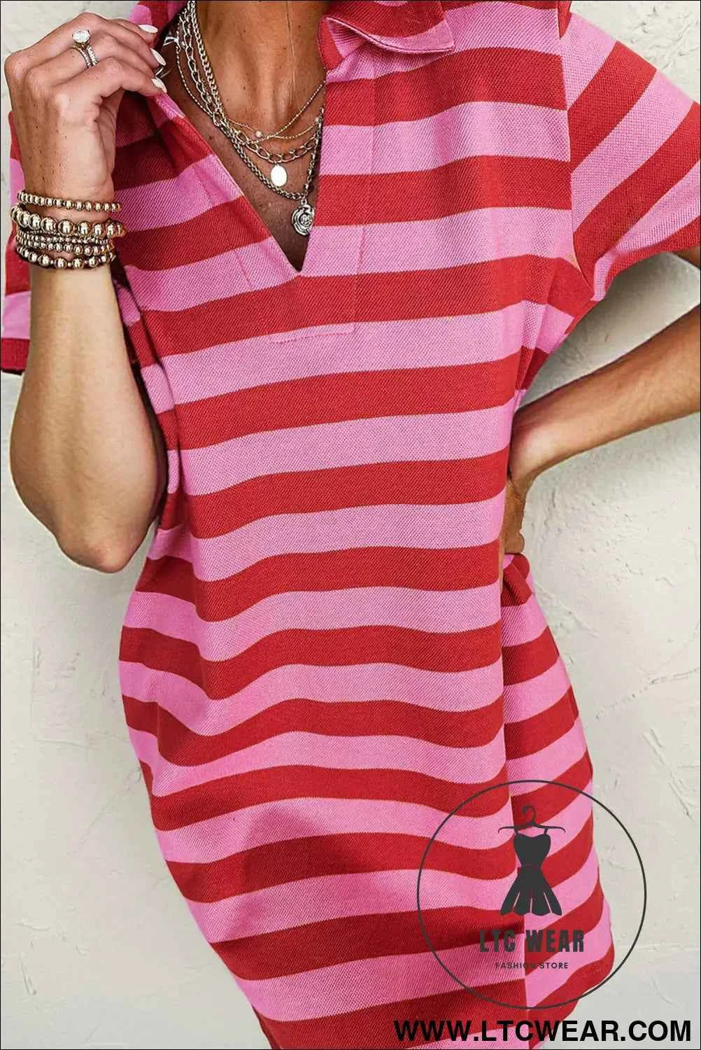 Red Stripe Textured Knit Collared V Neck Shift T Shirt Dress
