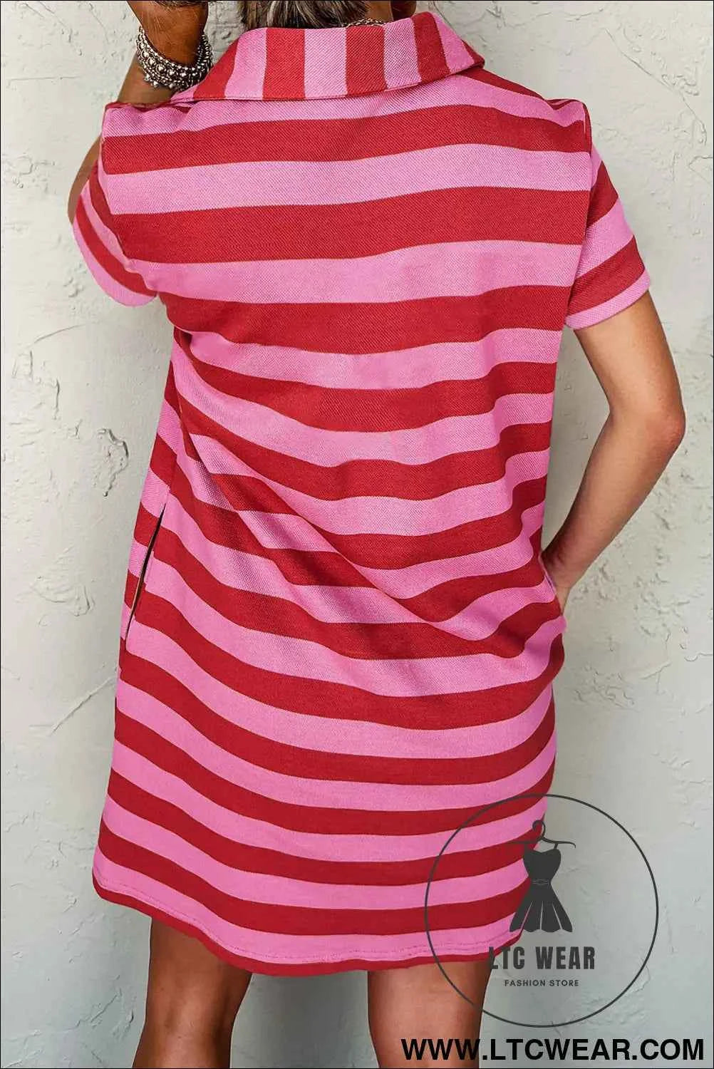 Red Stripe Textured Knit Collared V Neck Shift T Shirt Dress