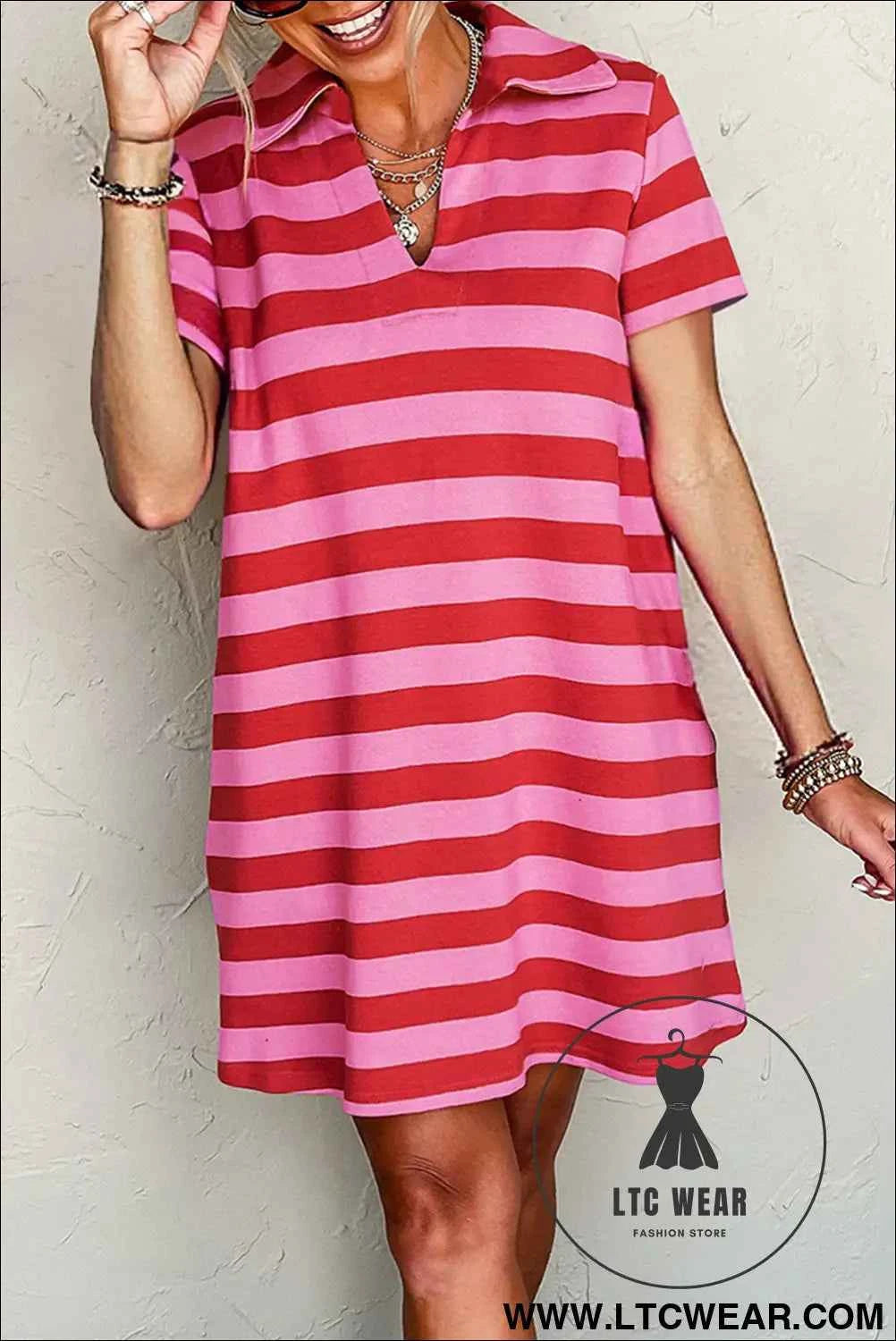 Red Stripe Textured Knit Collared V Neck Shift T Shirt Dress