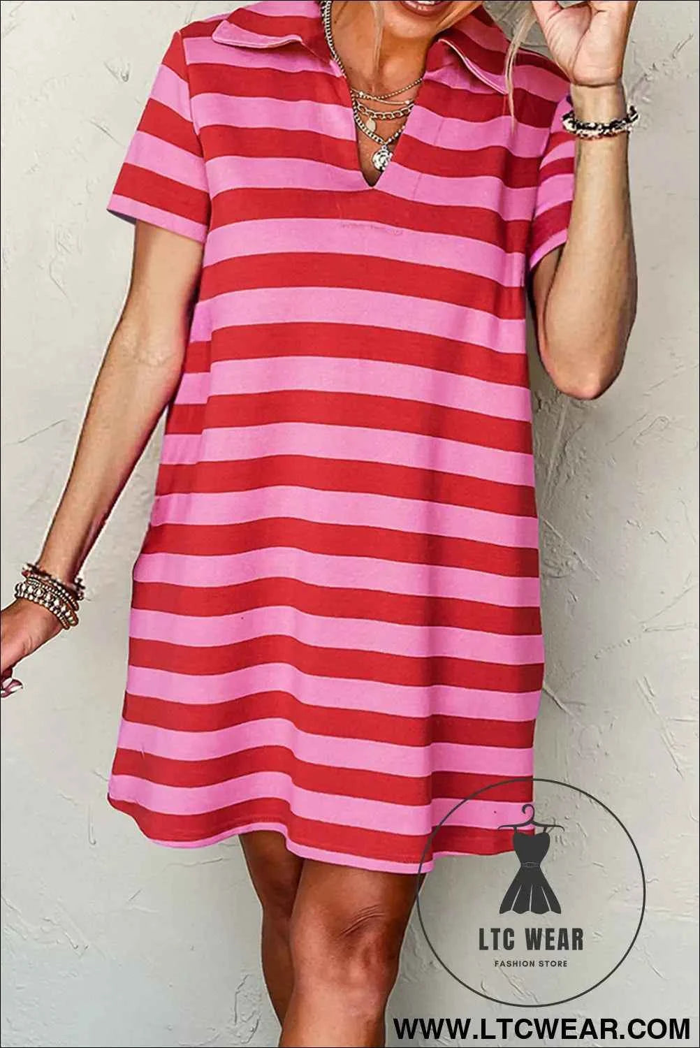 Red Stripe Textured Knit Collared V Neck Shift T Shirt Dress