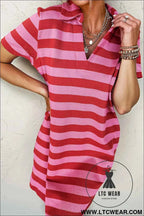 Red Stripe Textured Knit Collared V Neck Shift T Shirt Dress