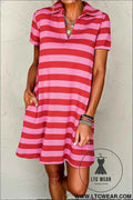 Red Stripe Textured Knit Collared V Neck Shift T Shirt Dress