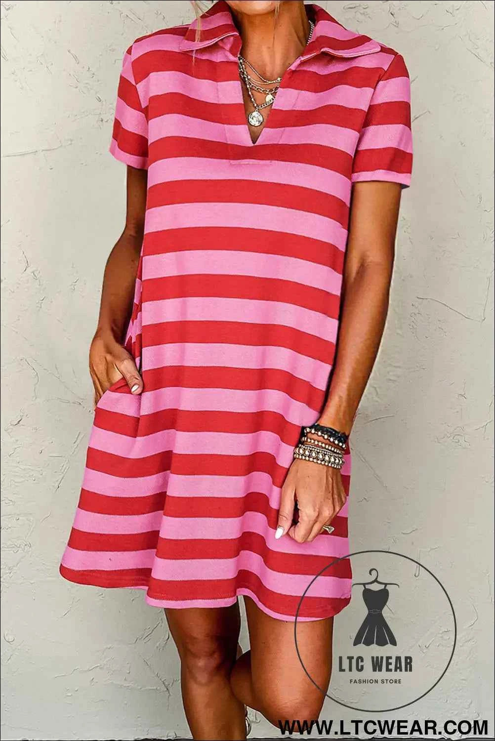 Red Stripe Textured Knit Collared V Neck Shift T Shirt Dress