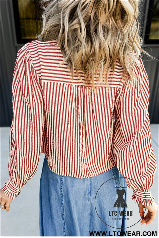 Red Stripe Textured Ruffle Trim Button-Up Long Sleeve Shirt