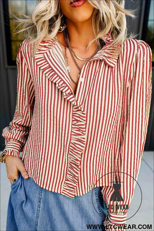 Red Stripe Textured Ruffle Trim Button-Up Long Sleeve Shirt