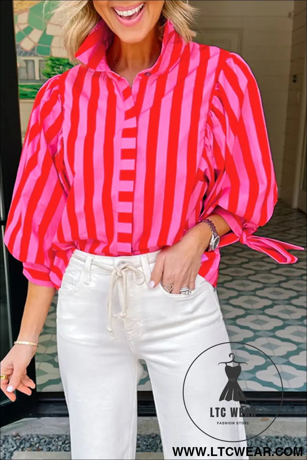 Red stripe tie puff sleeve womens button down shirt - blouses & shirts