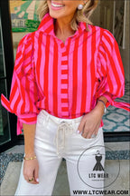 Red stripe tie puff sleeve womens button down shirt - blouses & shirts