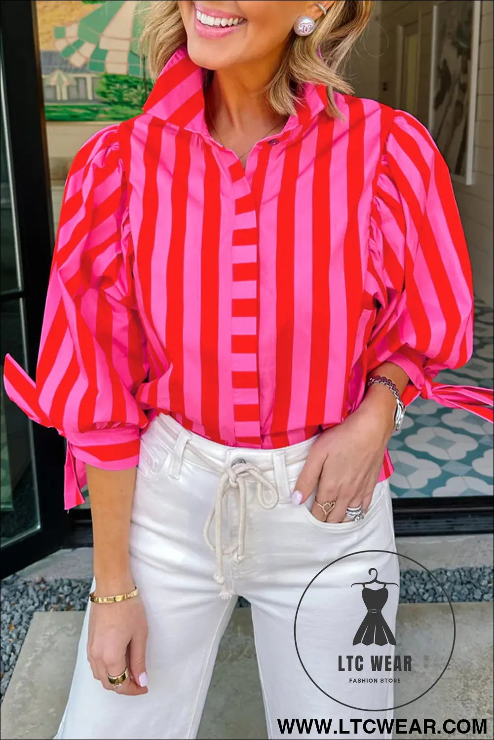 Red stripe tie puff sleeve womens button down shirt - blouses & shirts