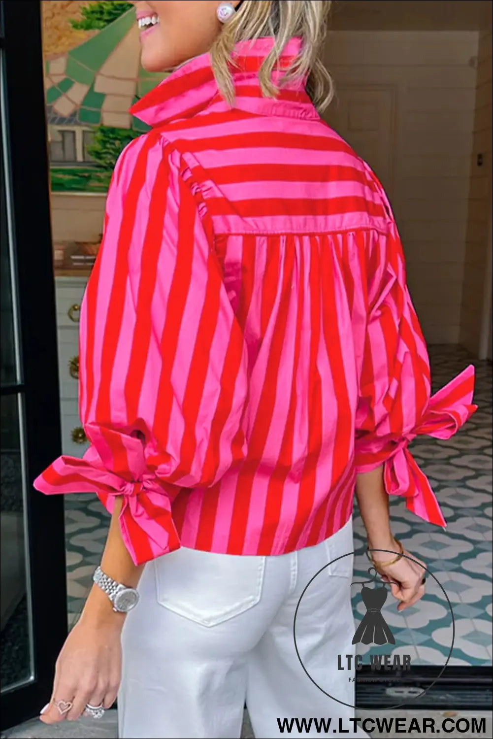 Red stripe tie puff sleeve womens button down shirt - blouses & shirts