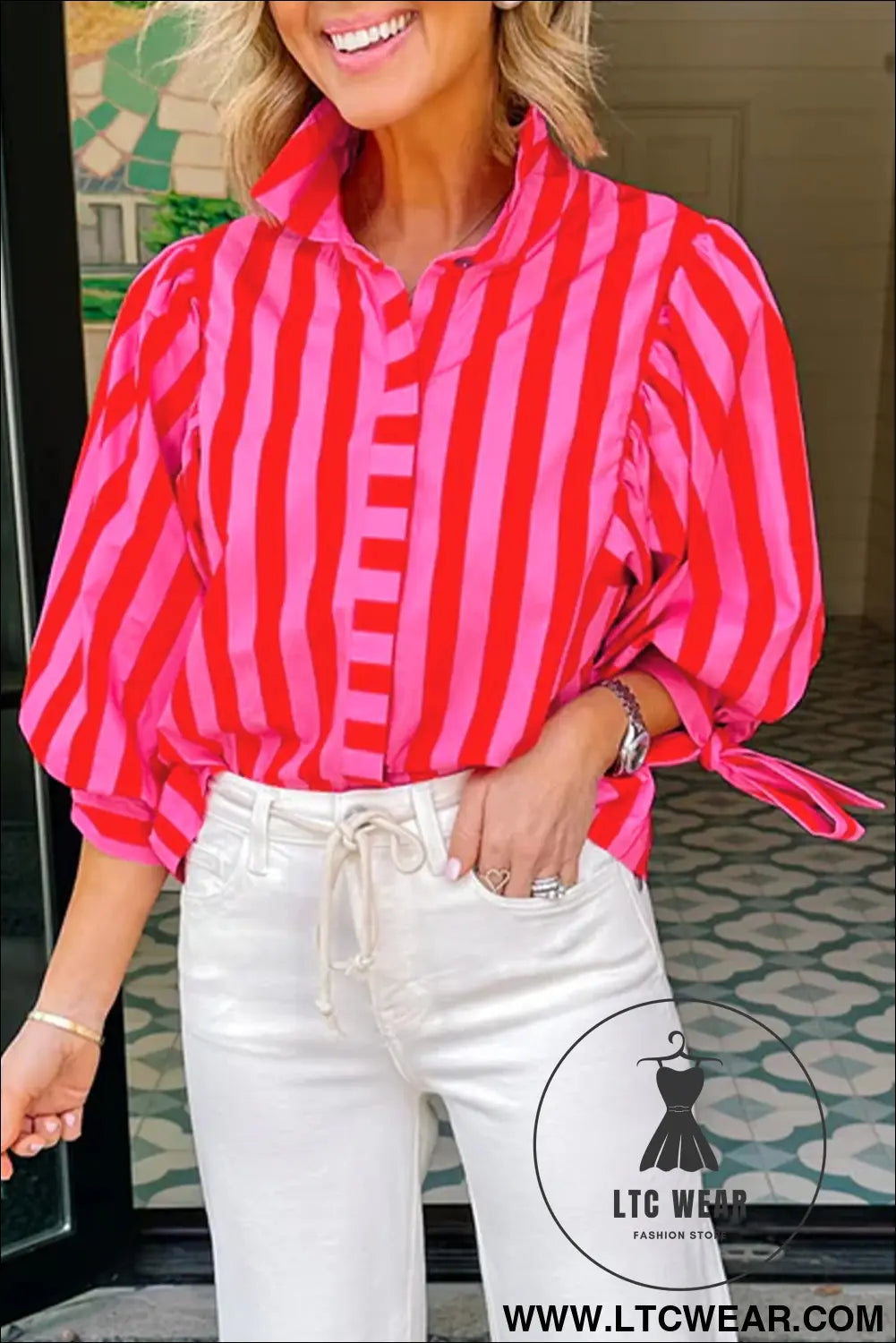 Red stripe tie puff sleeve womens button down shirt - blouses & shirts