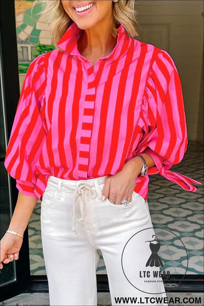 Red stripe tie puff sleeve womens button down shirt - blouses & shirts