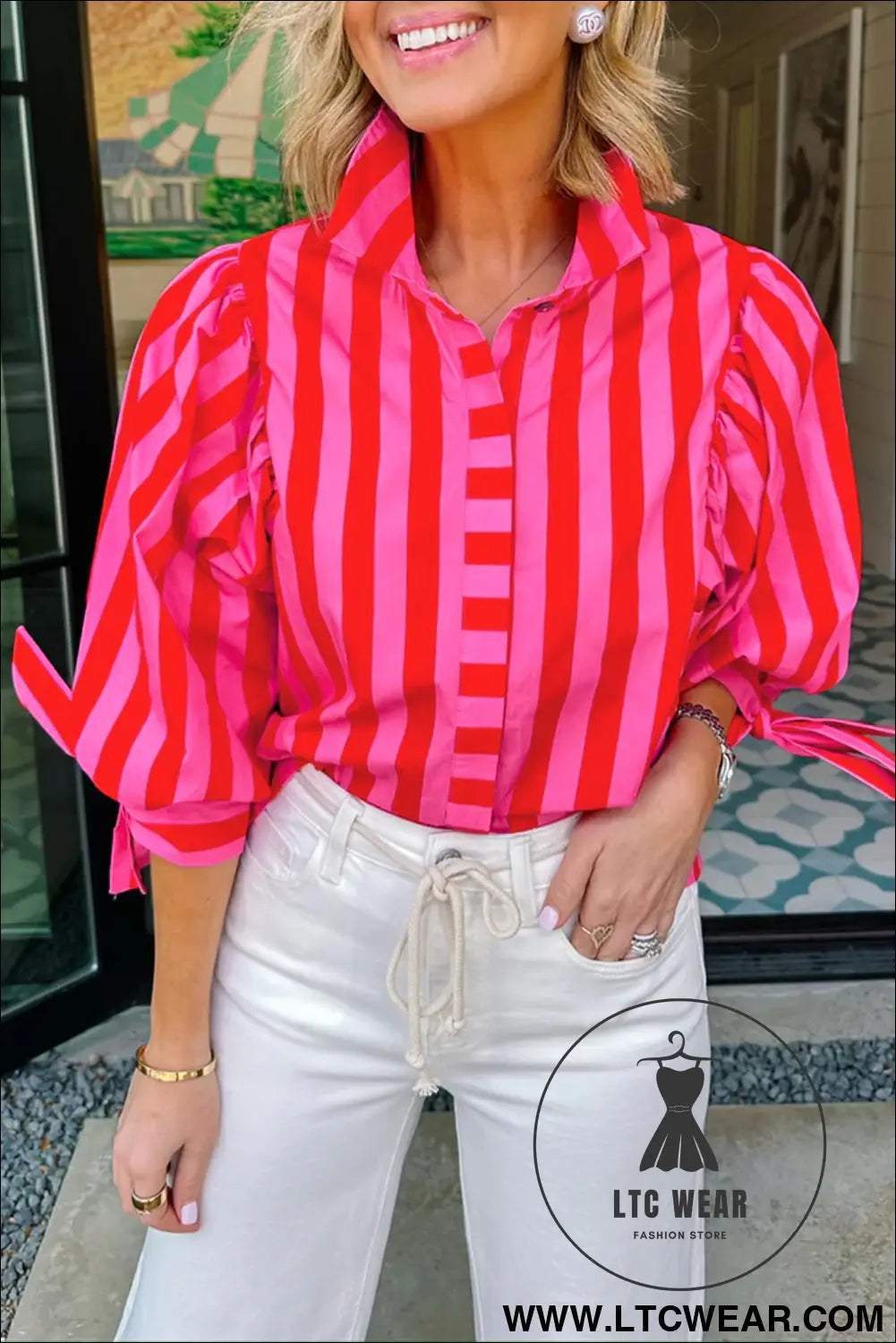 Red stripe tie puff sleeve womens button down shirt - red stripe / l / 55% cotton + 45% viscose - blouses & shirts