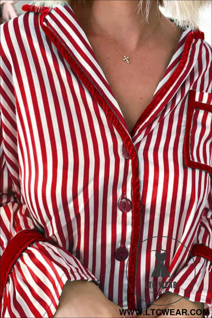 Red Striped Contrast Velvet Trim Knot Waist Pajama Set