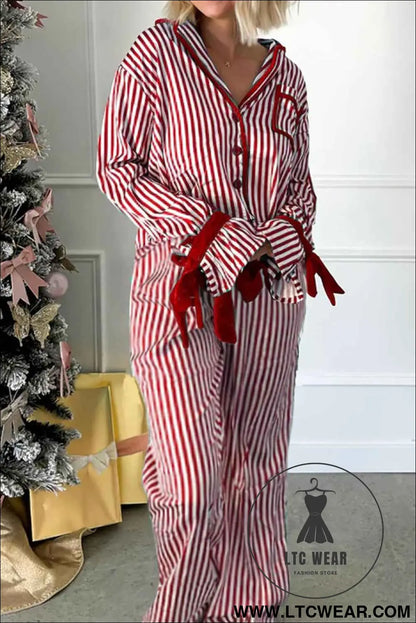 Red Striped Contrast Velvet Trim Knot Waist Pajama Set