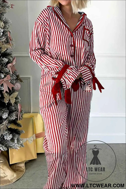 Red Striped Contrast Velvet Trim Knot Waist Pajama Set