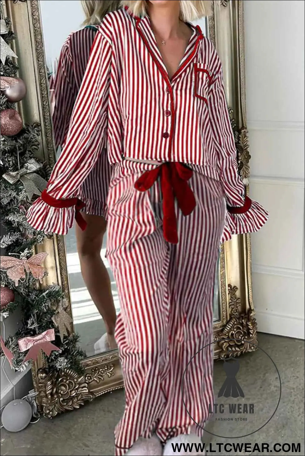 Red Striped Contrast Velvet Trim Knot Waist Pajama Set