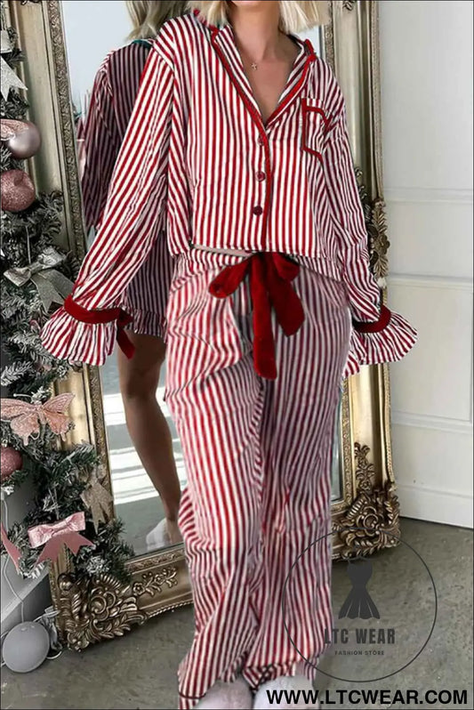 Red Striped Contrast Velvet Trim Knot Waist Pajama Set