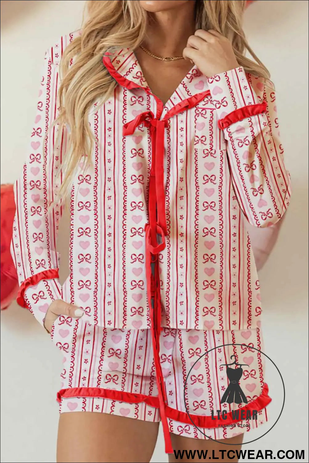 Red Sweet Floral Heart Bow Print Contrast Trim Long Sleeve Shirt Pajama Short Set