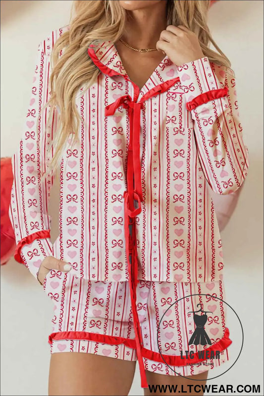 Red Sweet Floral Heart Bow Print Contrast Trim Long Sleeve Shirt Pajama Short Set