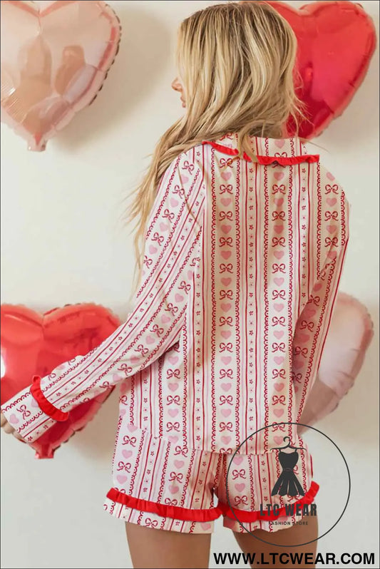 Red Sweet Floral Heart Bow Print Contrast Trim Long Sleeve Shirt Pajama Short Set