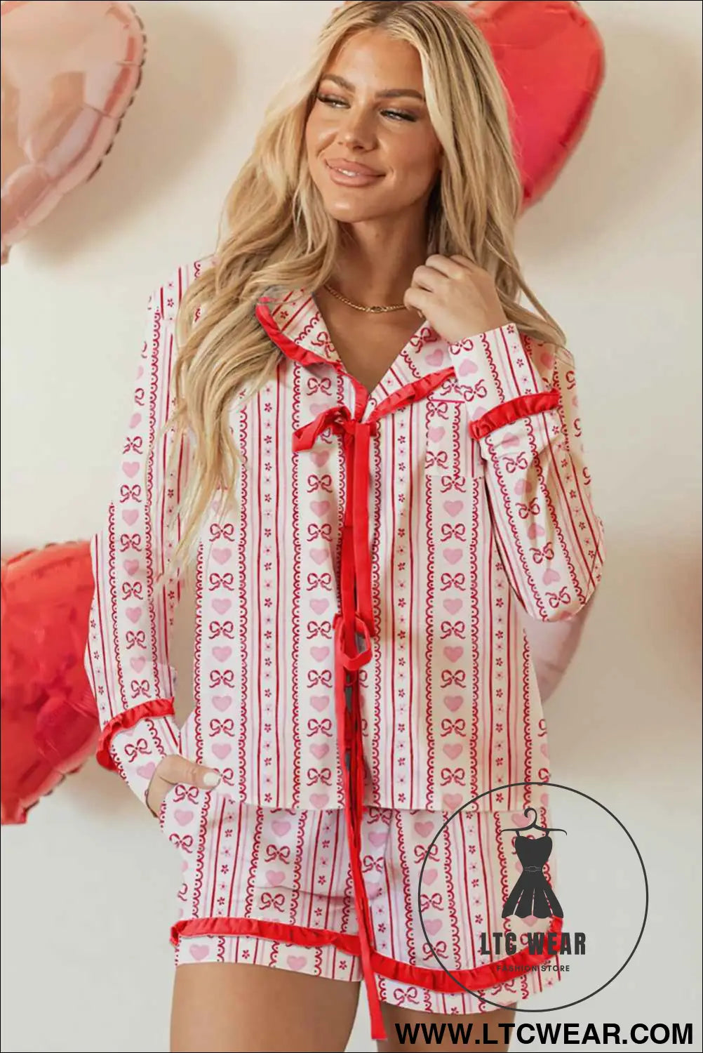 Red Sweet Floral Heart Bow Print Contrast Trim Long Sleeve Shirt Pajama Short Set