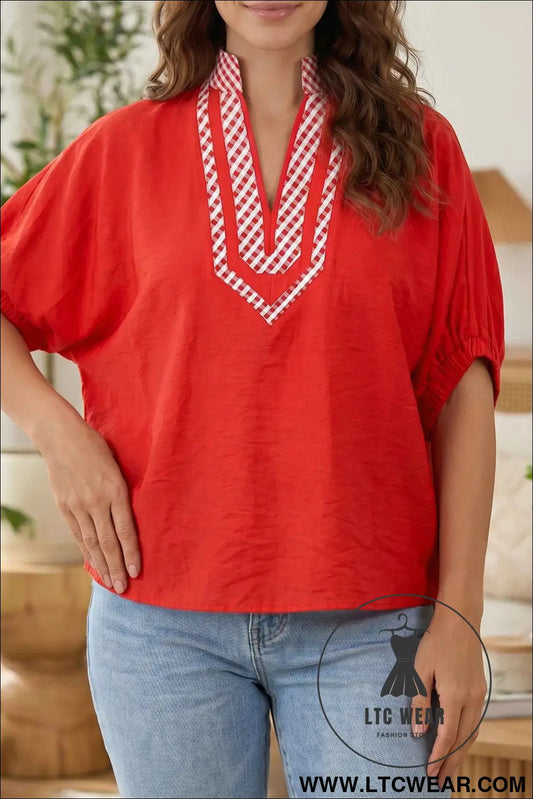 Red V Neck Plaid Collar Short Sleeve Tunic Blouse