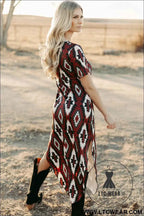 Maroon Aztec Print Western V-Neck T-Shirt Dress with Side Slit