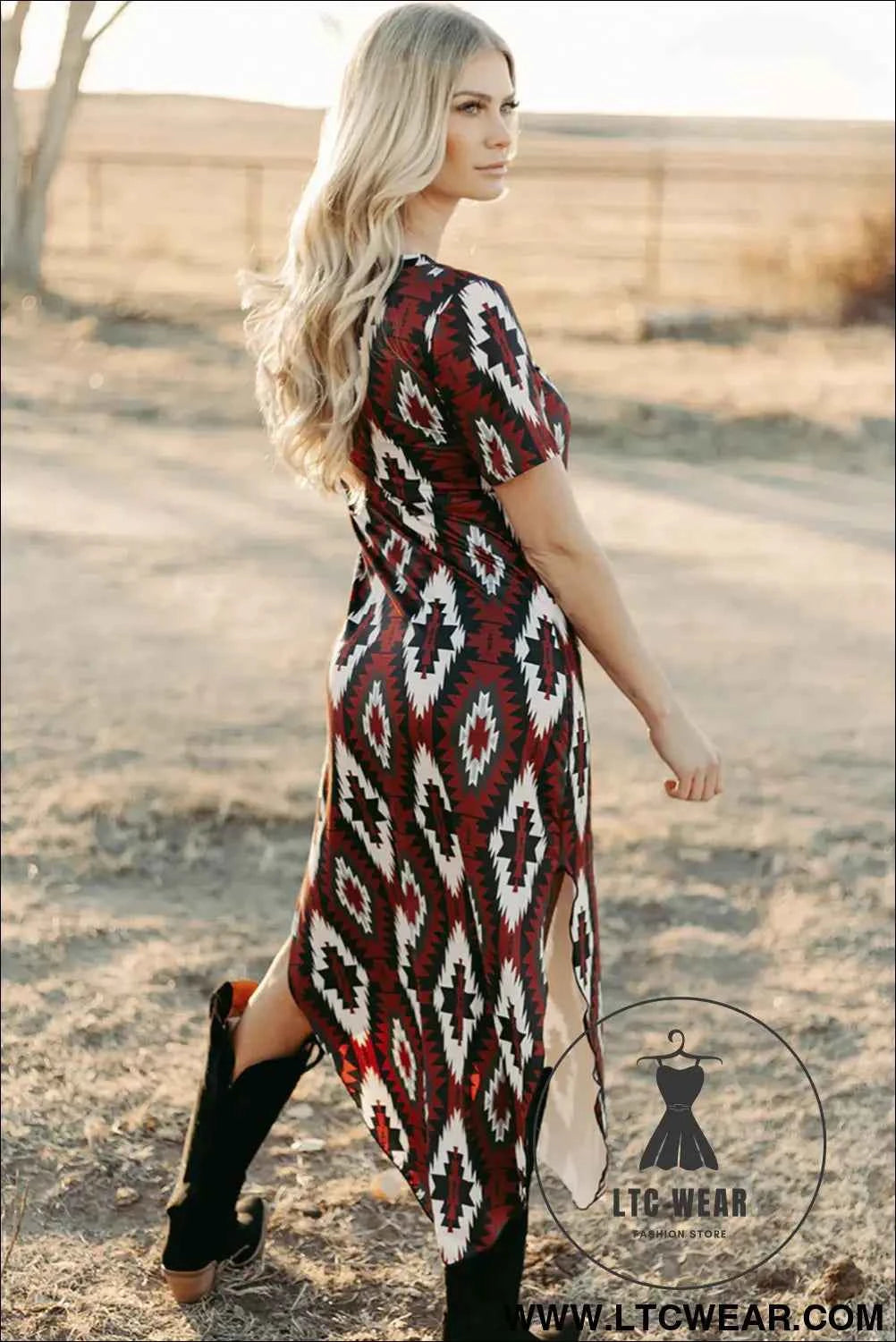 Maroon Aztec Print Western V-Neck T-Shirt Dress with Side Slit