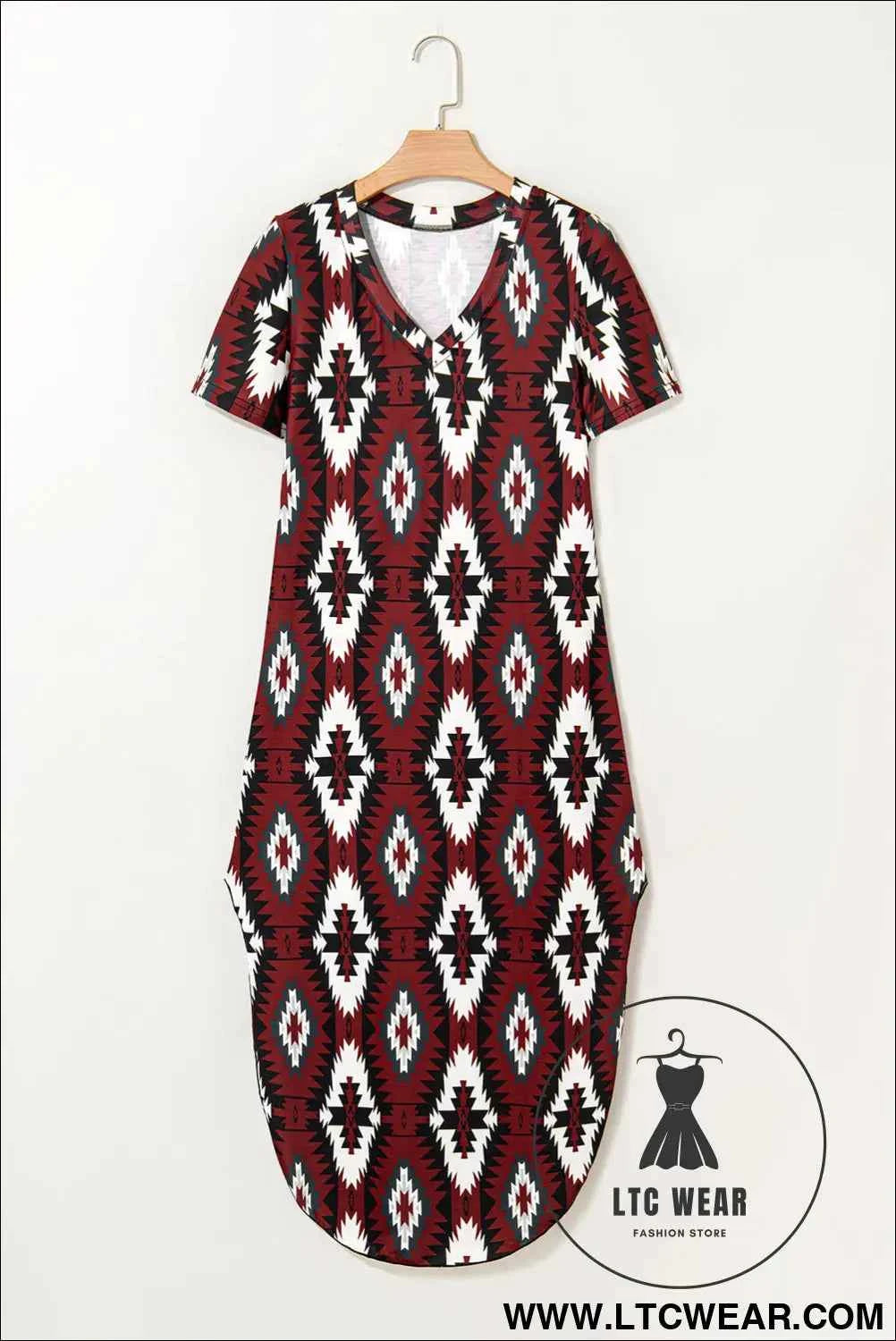Maroon Aztec Print Western V-Neck T-Shirt Dress with Side Slit