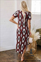 Maroon Aztec Print Western V-Neck T-Shirt Dress with Side Slit