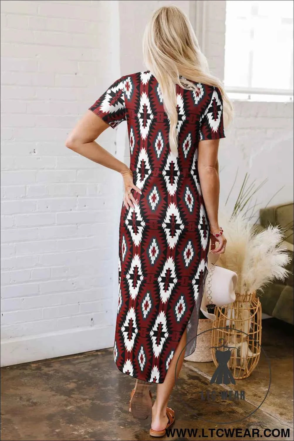 Maroon Aztec Print Western V-Neck T-Shirt Dress with Side Slit