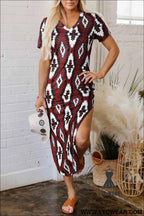 Maroon Aztec Print Western V-Neck T-Shirt Dress with Side Slit