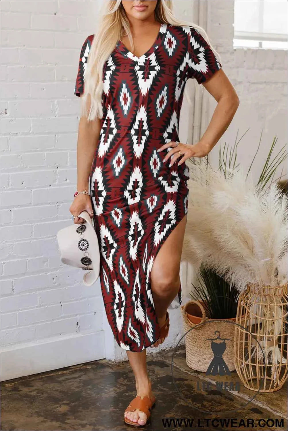 Maroon Aztec Print Western V-Neck T-Shirt Dress with Side Slit