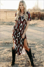 Maroon Aztec Print Western V-Neck T-Shirt Dress with Side Slit