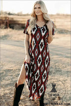 Maroon Aztec Print Western V-Neck T-Shirt Dress with Side Slit