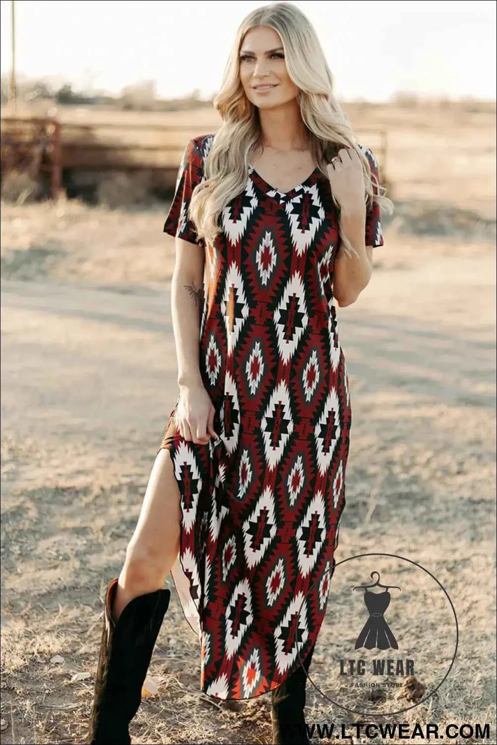 Maroon Aztec Print Western V-Neck T-Shirt Dress with Side Slit