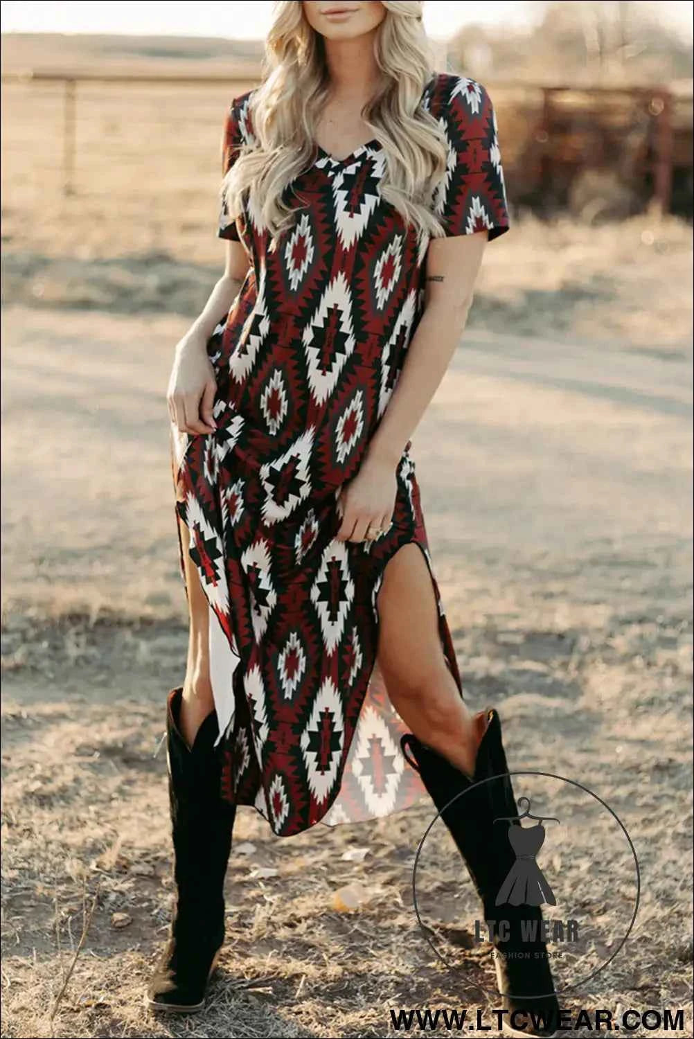 Maroon Aztec Print Western V-Neck T-Shirt Dress with Side Slit