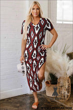 Maroon Aztec Print Western V-Neck T-Shirt Dress with Side Slit