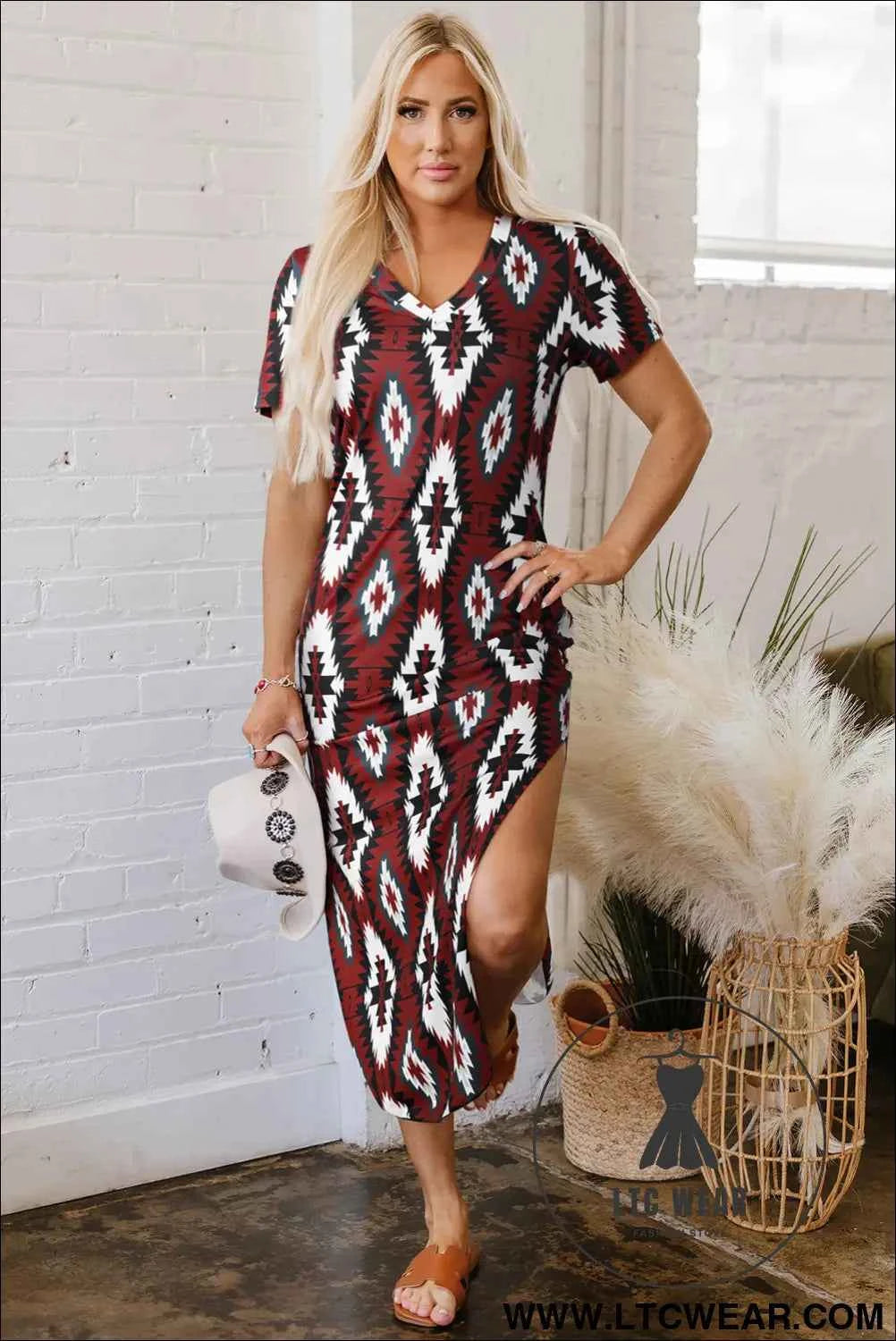 Maroon Aztec Print Western V-Neck T-Shirt Dress with Side Slit