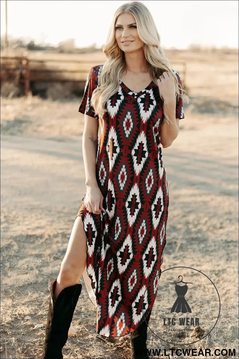 Red Western Aztec Printed Long T-shirt Dress - L.T.C Wear Online Fashion Store