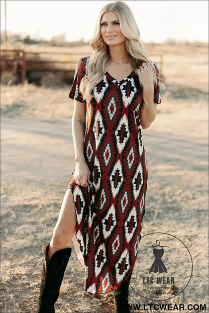 Red Western Aztec Printed Long T-shirt Dress - L.T.C Wear Online Fashion Store