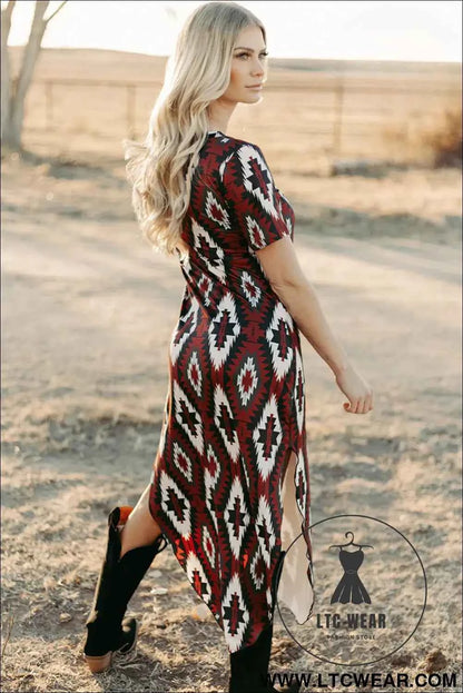 Red Western Aztec Printed Long T-shirt Dress