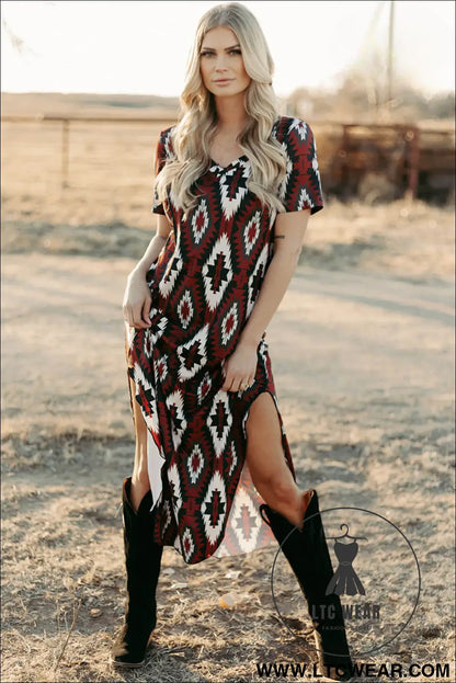 Red Western Aztec Printed Long T-shirt Dress - L.T.C Wear Online Fashion Store