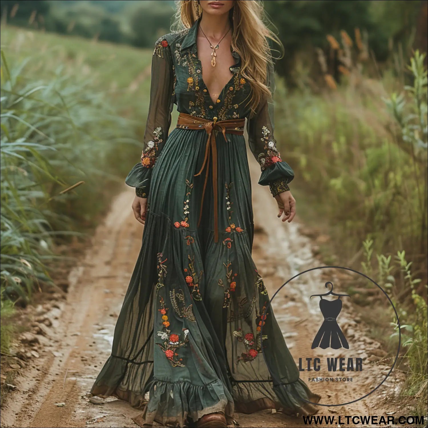 Retro countryside style v-neck printed long sleeve dress